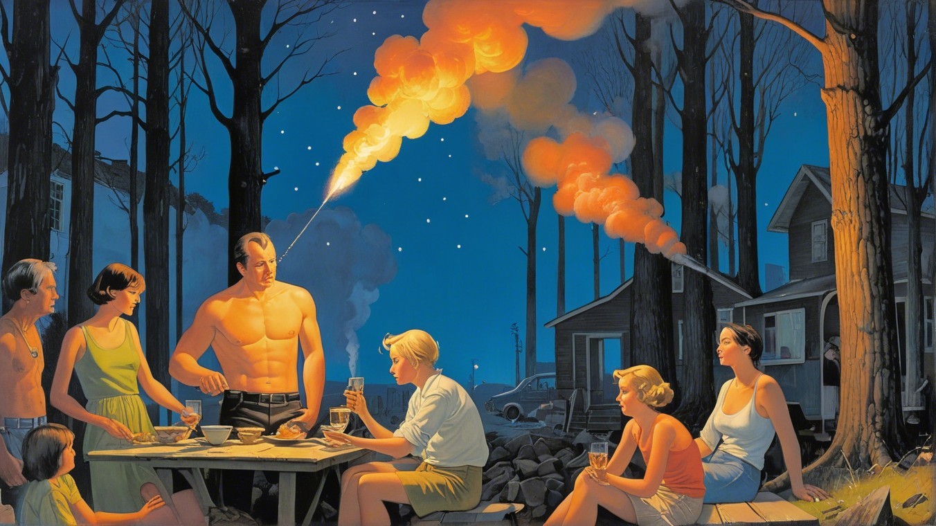Picnic Gathering at Dusk in a Forested Area