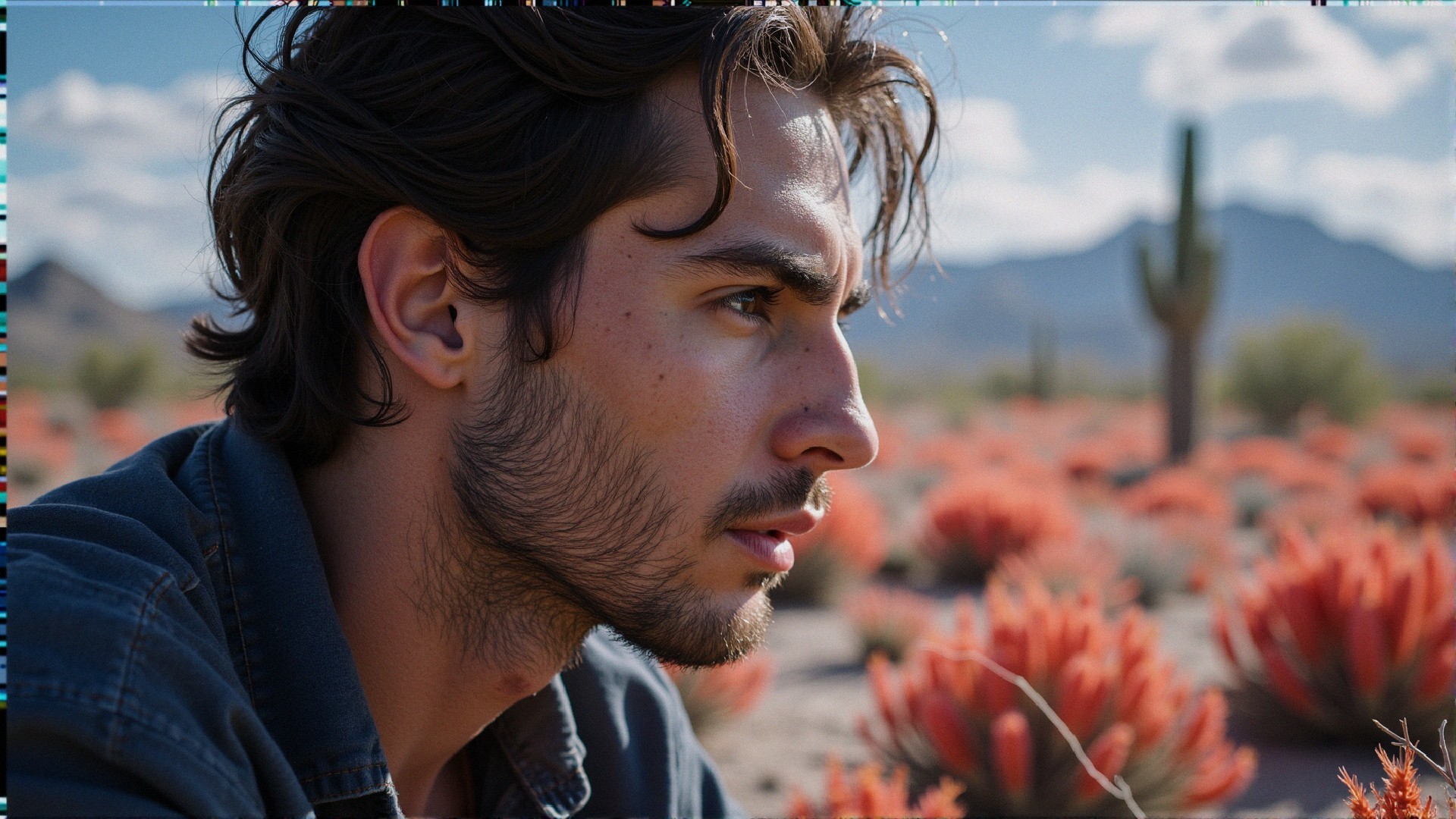 Young man in desert landscape with vibrant flora