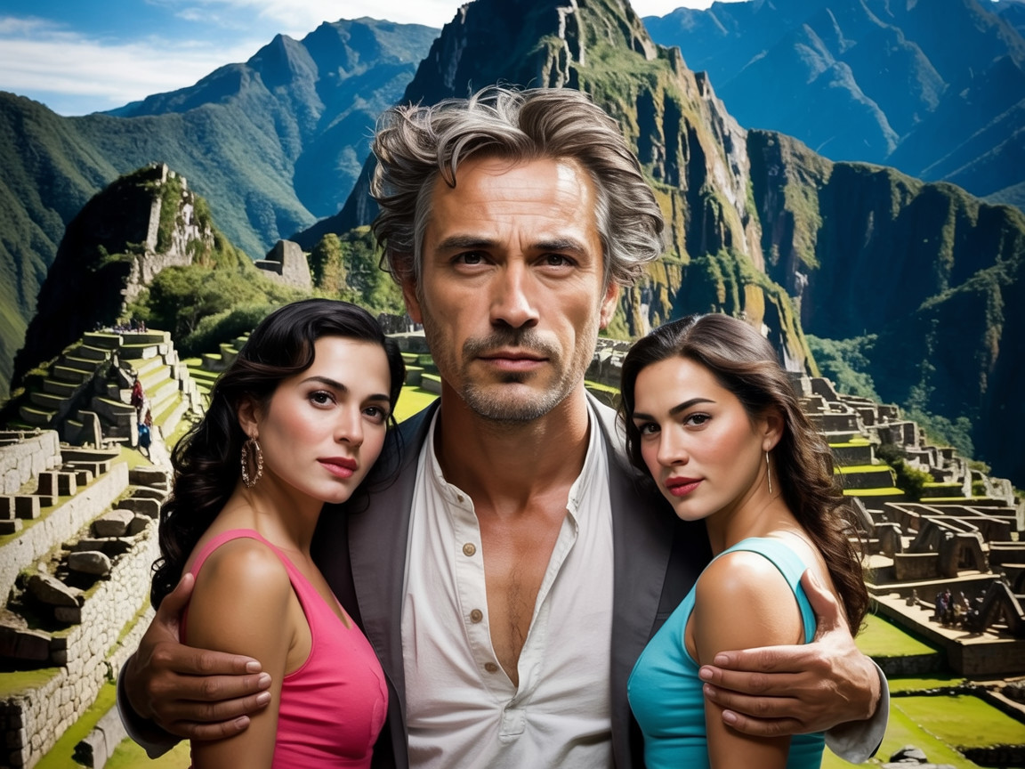 Confident Man with Two Women at Machu Picchu