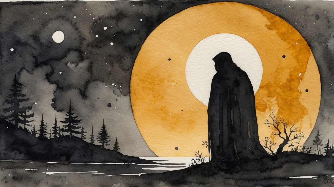 Shadowy Figure by Luminous Moon at Lakeshore