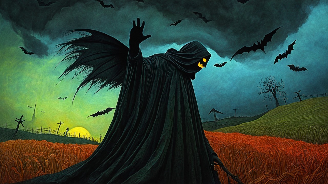 Eerie Figure in Wheat Field Under Haunting Glow