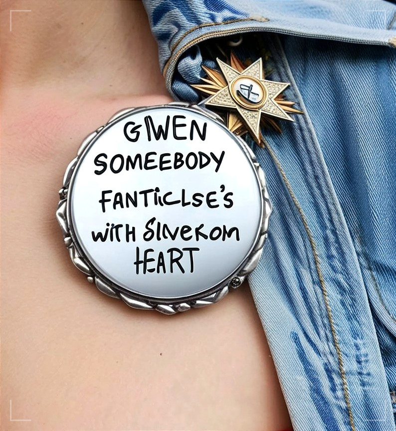 Decorative Brooch on Denim Jacket Close-Up Detail