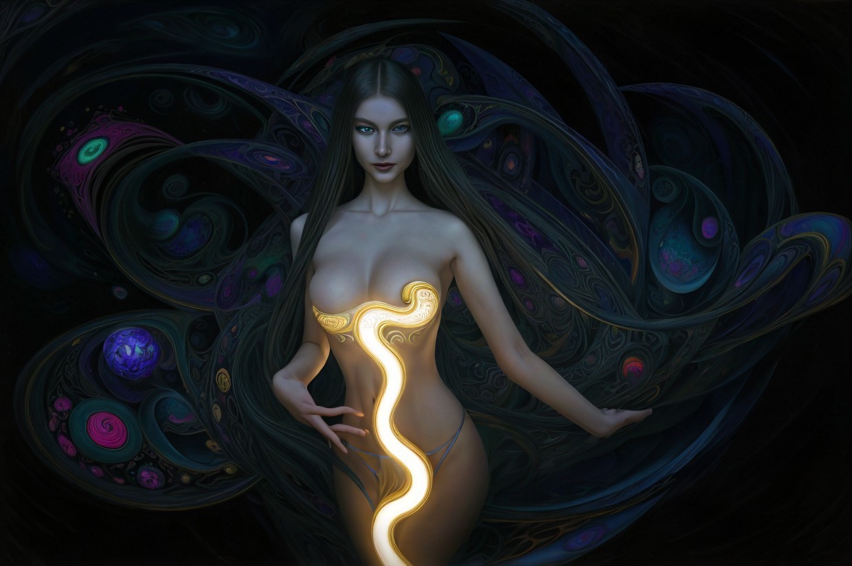 Cosmic Figure Surrounded by Ethereal Patterns and Light