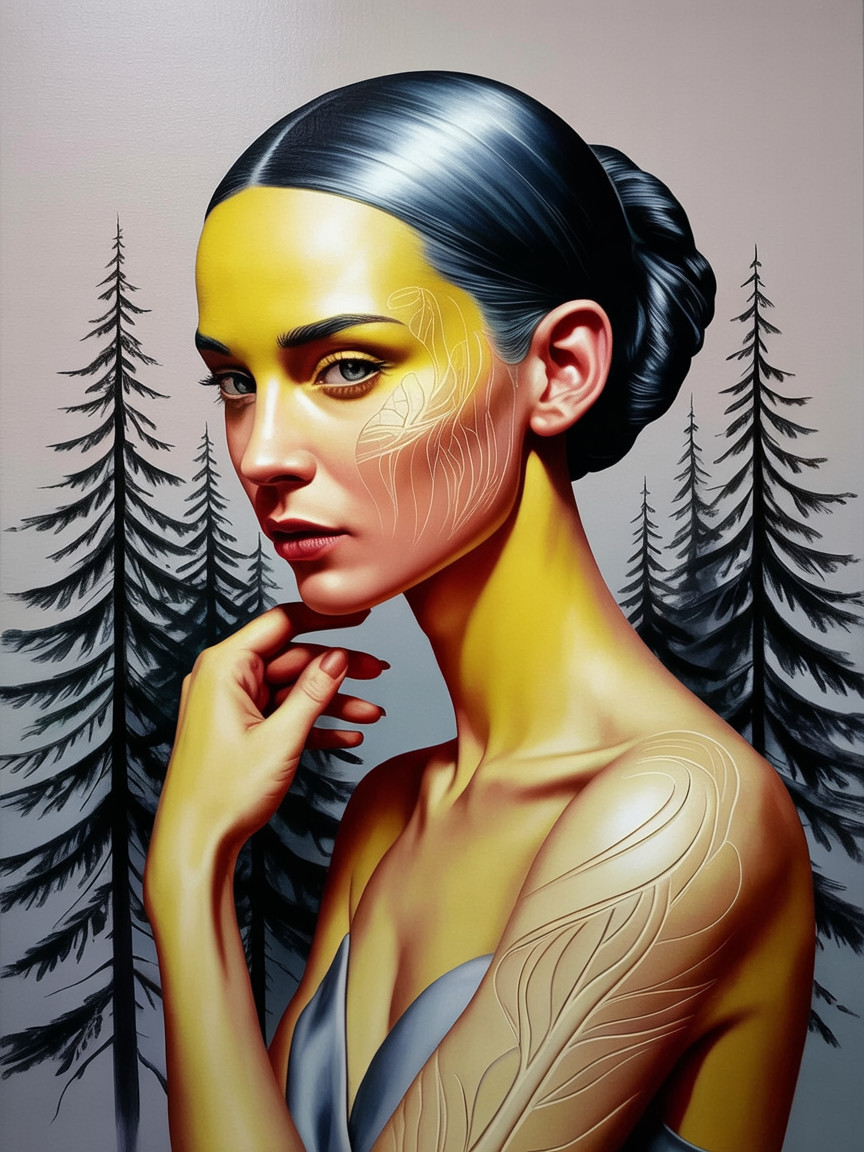 Portrait of a Woman with Yellow Accents and Pines