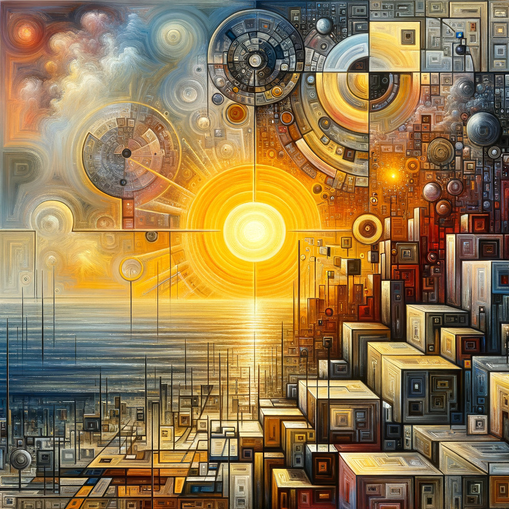 Surrealist Oil Painting of Sun Over Abstract City
