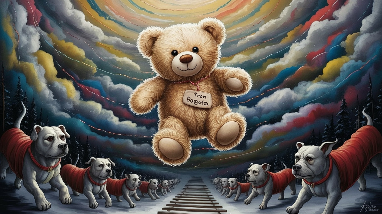 Whimsical Illustration of Teddy Bear and Dogs on Tracks