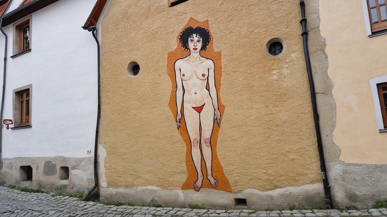 Mural of a Woman on Textured Wall in Historic Setting