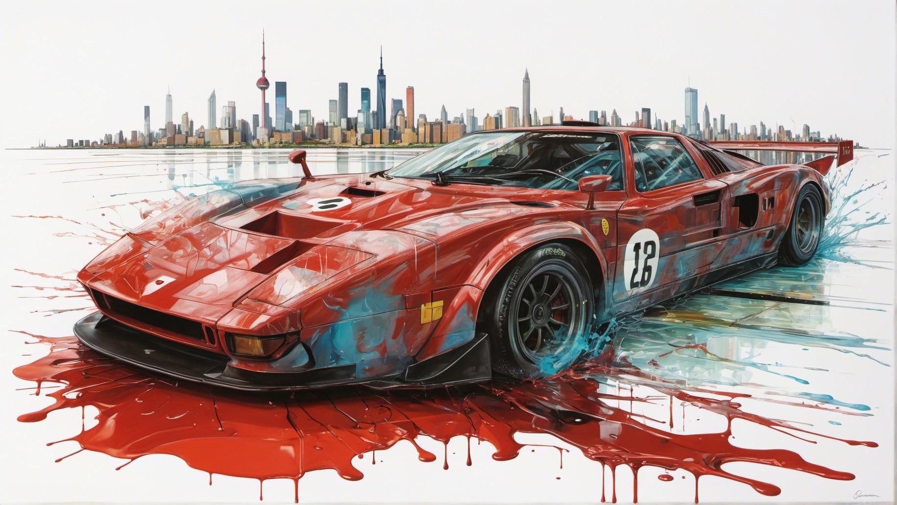 Impressionistic Painting of Red Racing Car and Cityscape