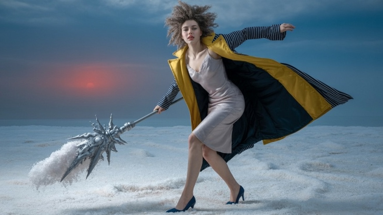 Surreal Scene of Figure in Silver Dress and Yellow Coat
