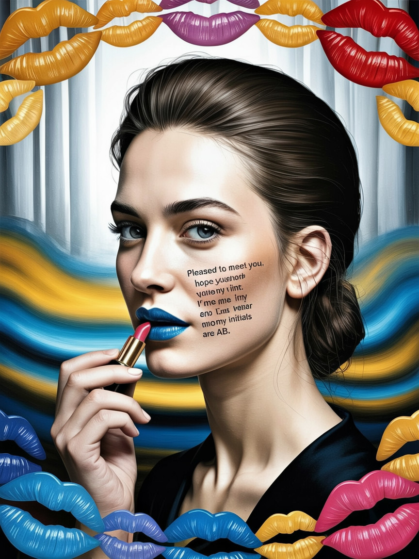 Portrait of a woman applying bold lipstick with prints