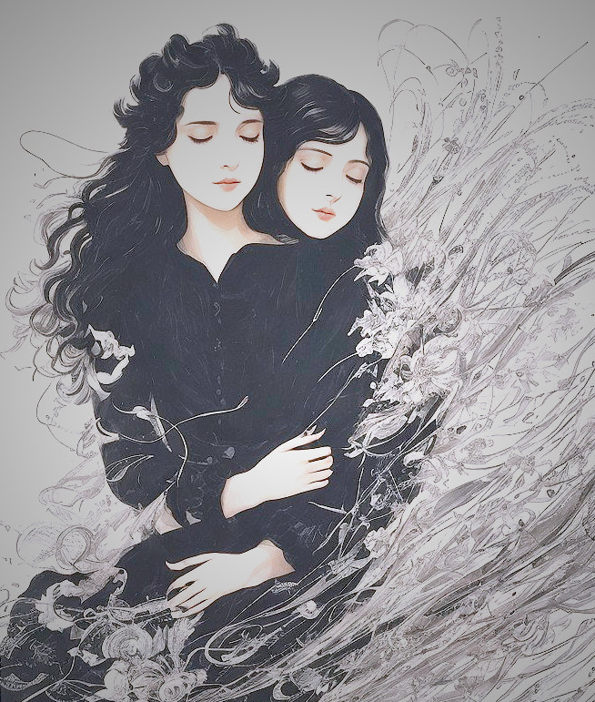 Two Women Embraced in Elegant Black Attire