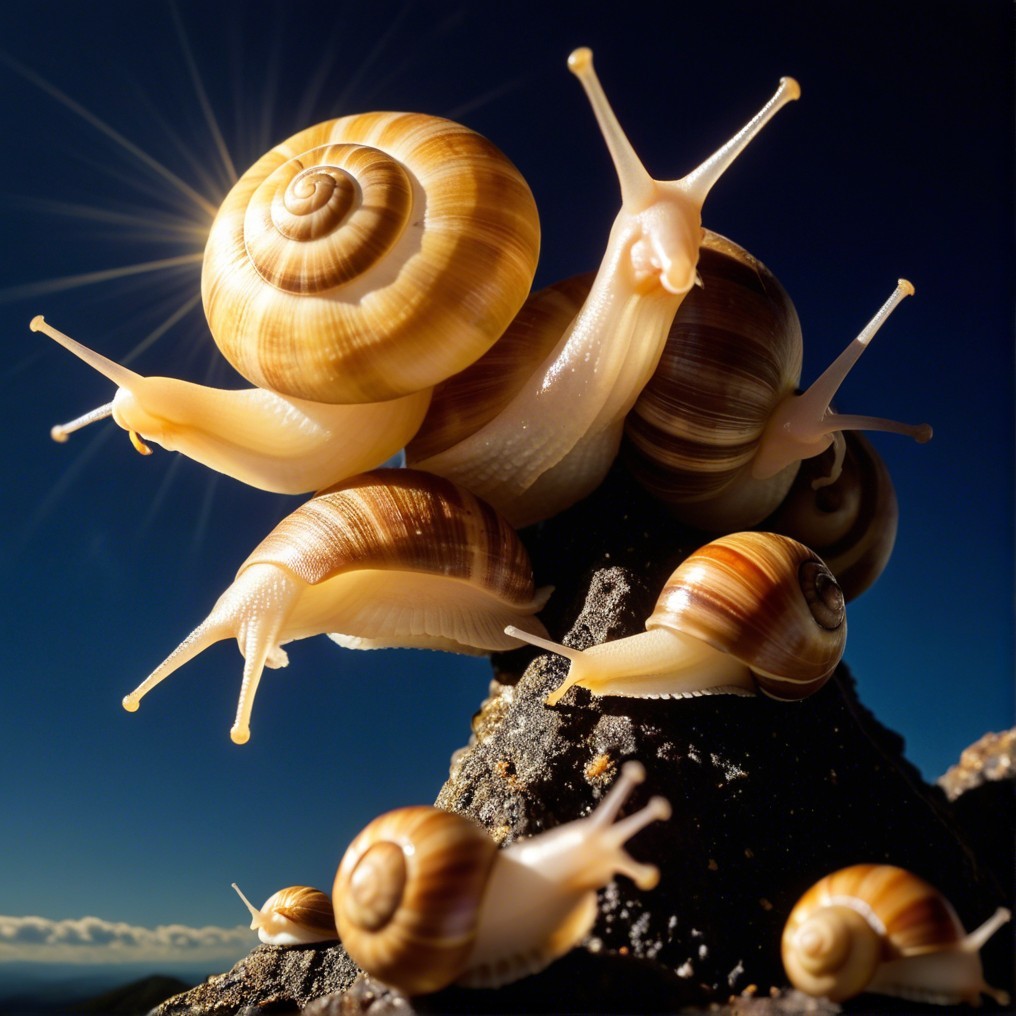 Striped Snails Climbing a Rocky Surface Under Blue Sky