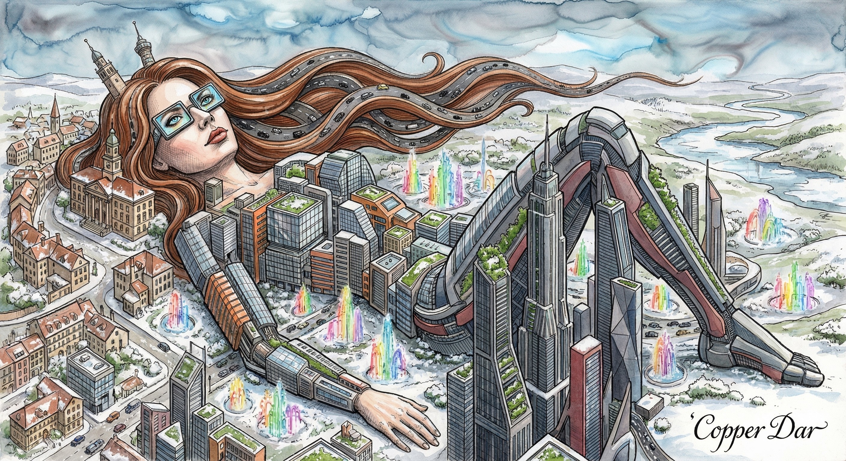 Surreal Watercolor of a Woman Shaped by a City