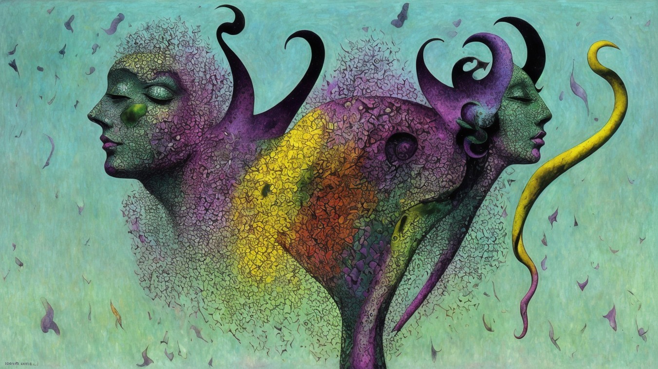 Ethereal Faces with Abstract Forms on Turquoise Background