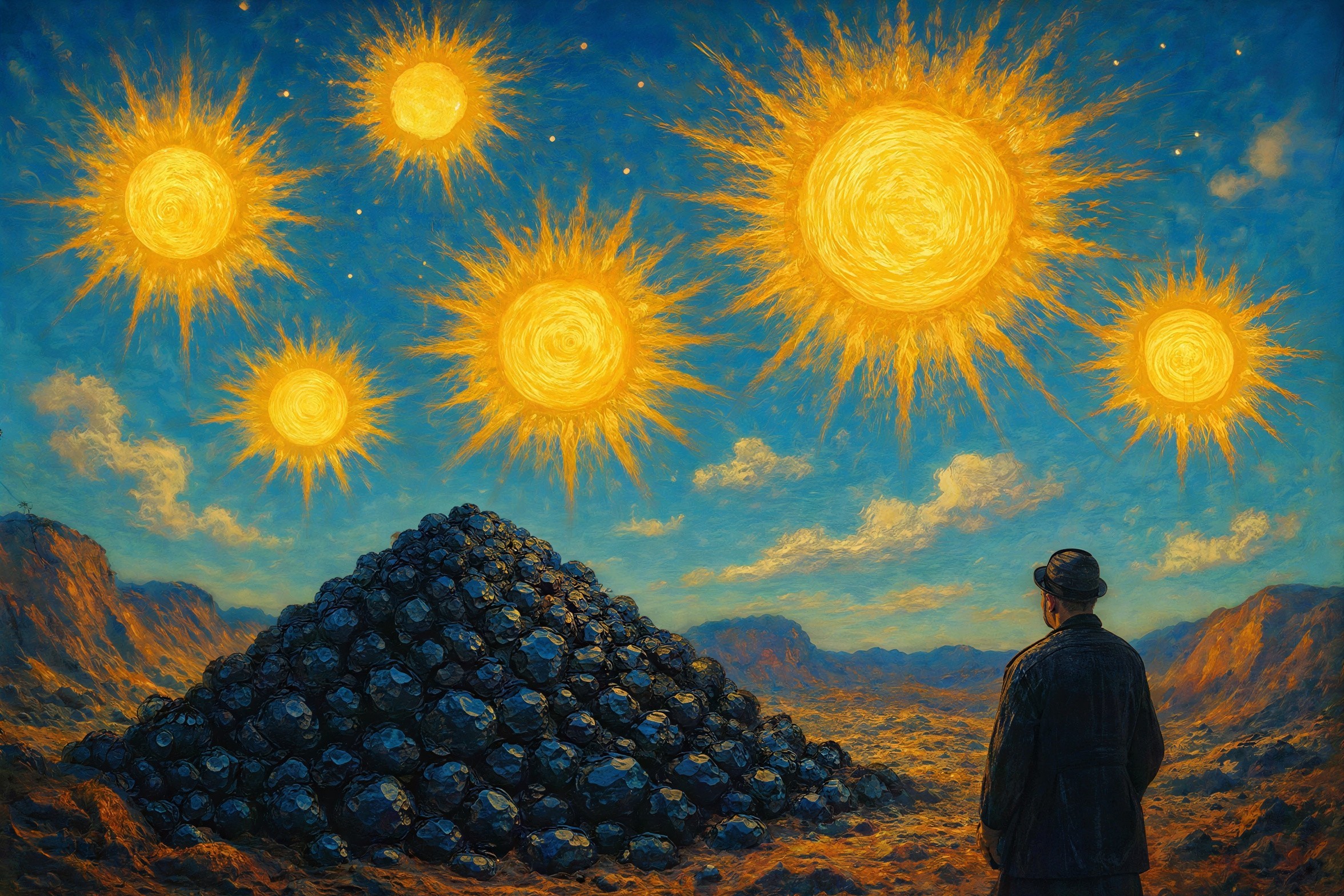 19th-Century Painting of a Valley with Coal and Suns