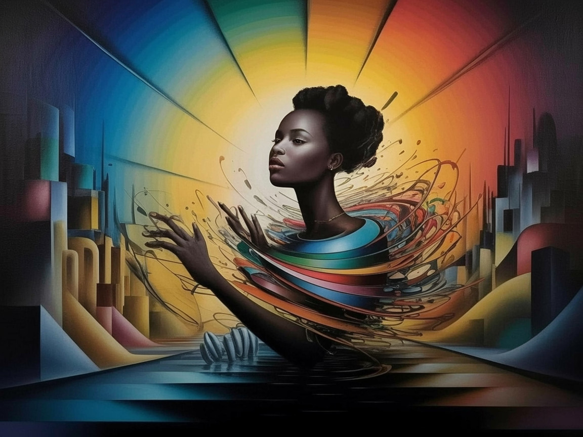 Silhouette of a Woman Amid Vibrant Colors and Cityscapes