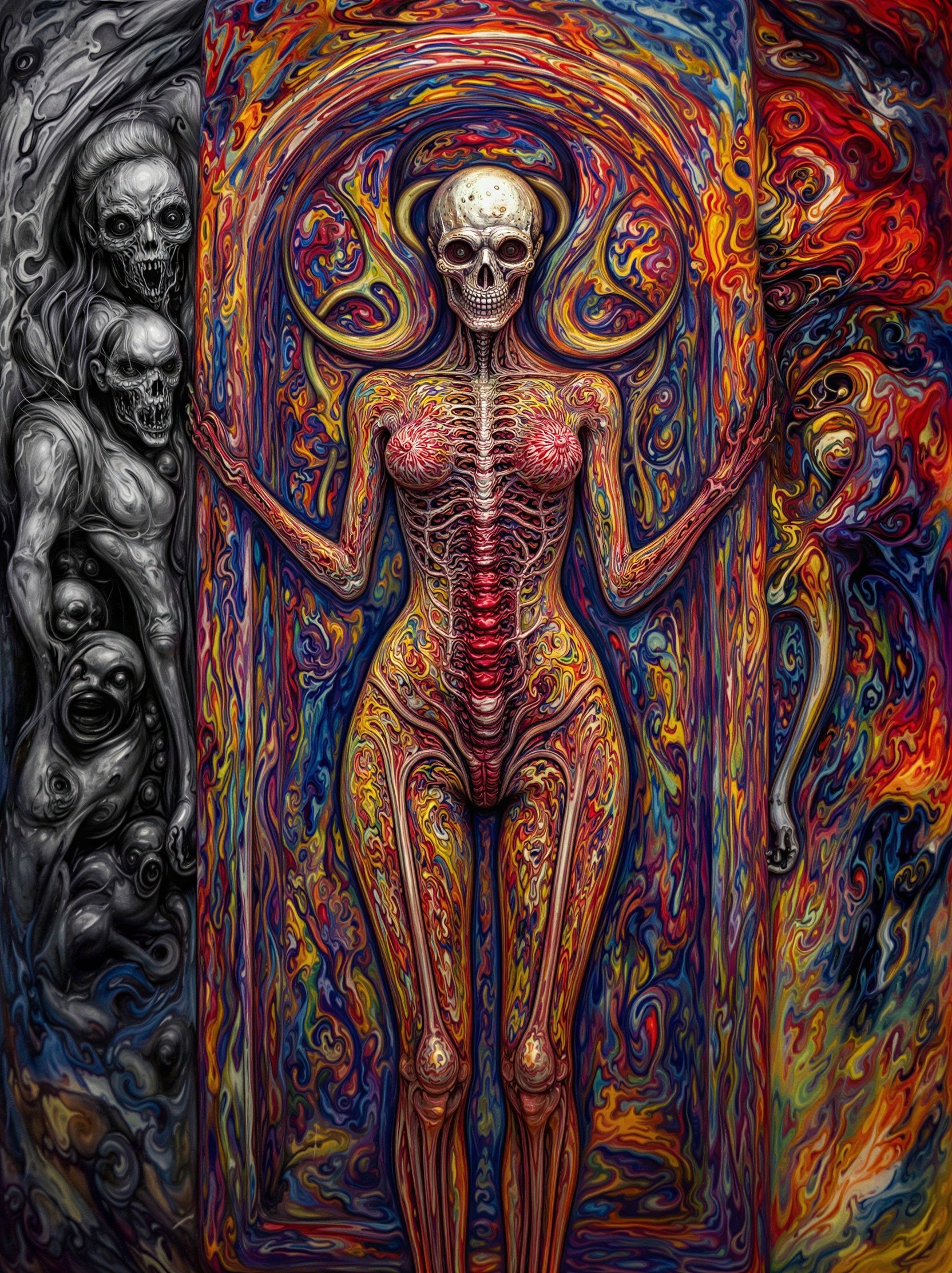 Psychedelic Artwork of Stylized Human Skeleton