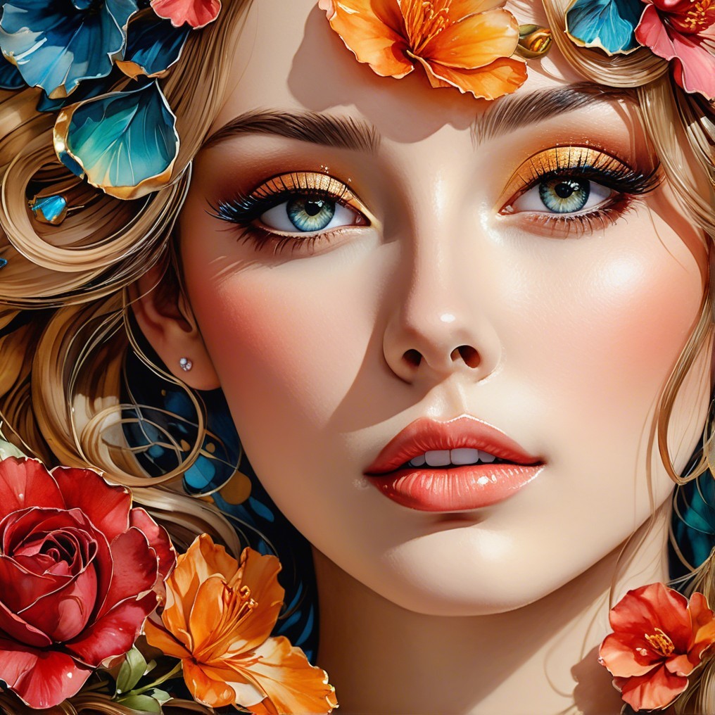Portrait of a Young Woman with Blue Eyes and Flowers