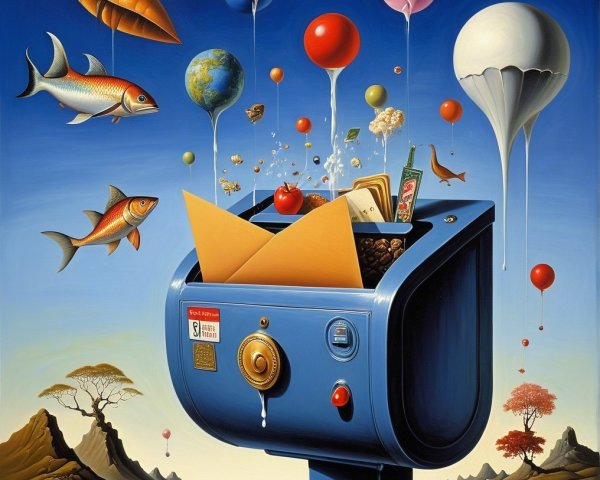 Surreal Blue Mailbox Overflowing with Colorful Objects