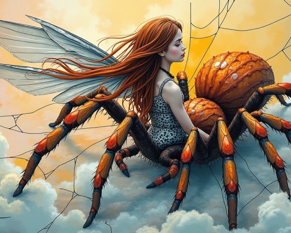 Young Girl on Colorful Spider in Dreamlike Setting