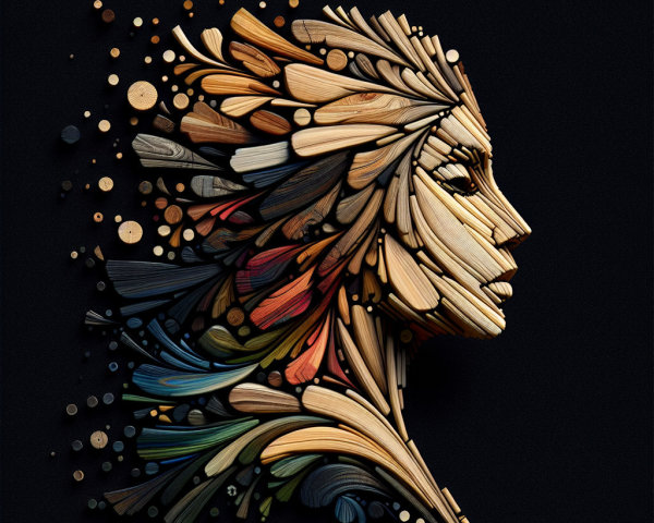 Abstract Wooden Face Art with Vibrant Colors and Texture