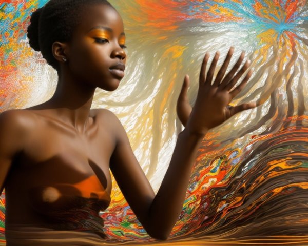 Serene Woman Surrounded by Vibrant Abstract Colors