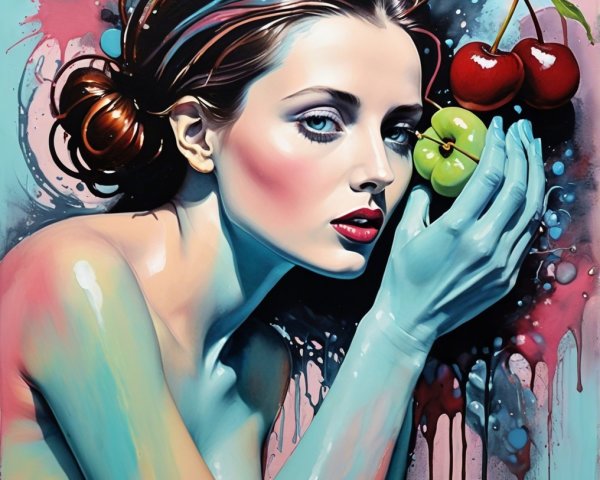 Vibrant Female Figure with Blue Skin and Fruit Elements