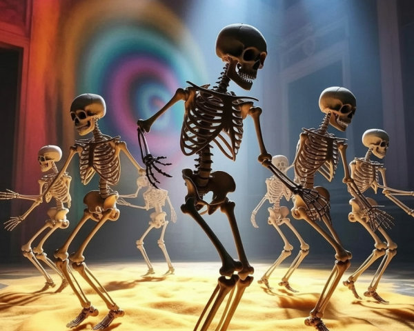 Skeletons Dancing in Colorful, Vibrant Scene