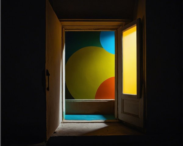 Brightly Colored Geometric Circles in Softly Lit Room