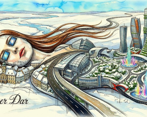 Winter Cityscape Merging with Giant Woman Figure