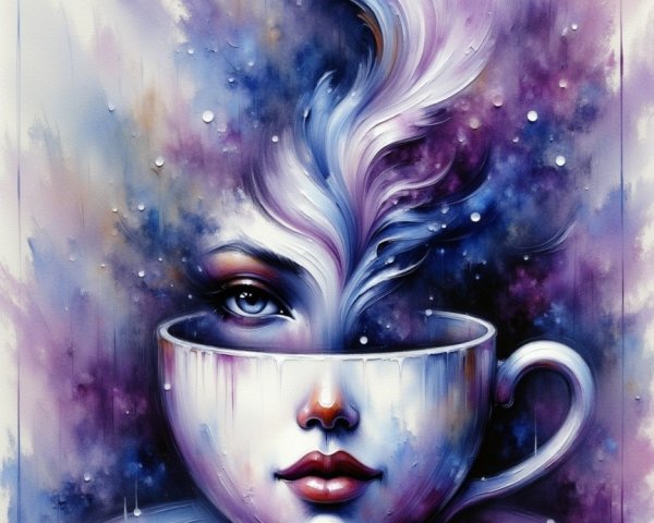 Surreal Artwork of Teacup with Cosmic Steam and Face