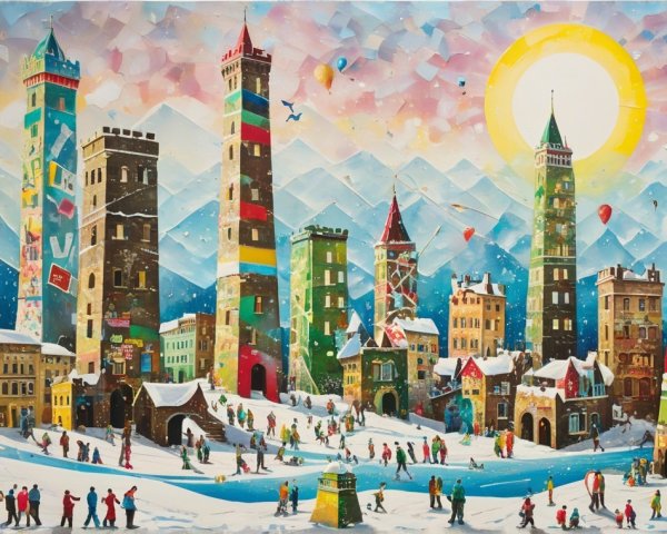 Whimsical Winter Cityscape with Colorful Buildings