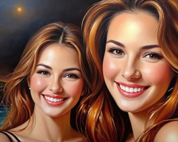 Two Young Women Smiling by a Seaside Night Sky