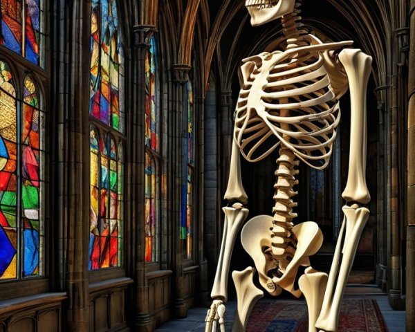 Lifelike skeleton in a gothic corridor with stained glass