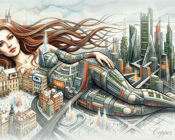 Watercolor Painting of Woman Integrated with Cityscape