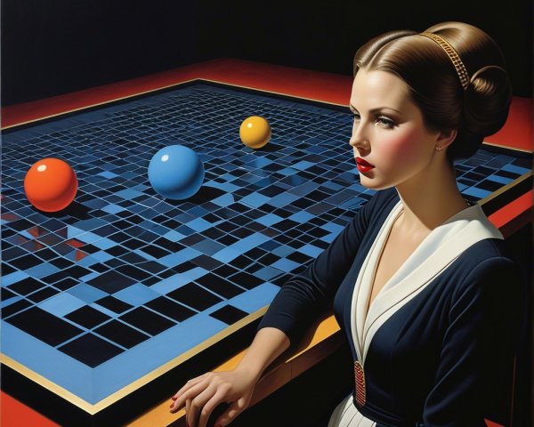 Contemplative Woman Beside Geometric Table and Spheres