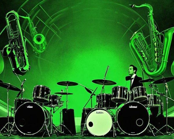 Drummer at a drum set with floating instruments in green light