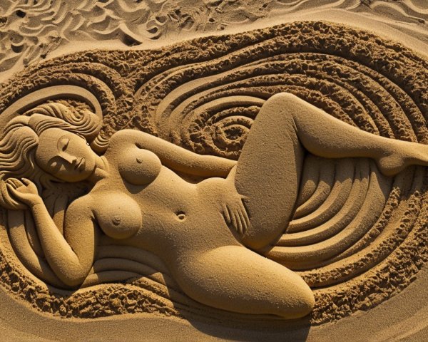 Sand Sculpture of Reclining Female Figure on Beach