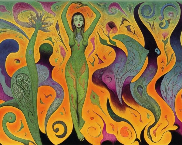 Vibrant Abstract Composition with Ethereal Figures