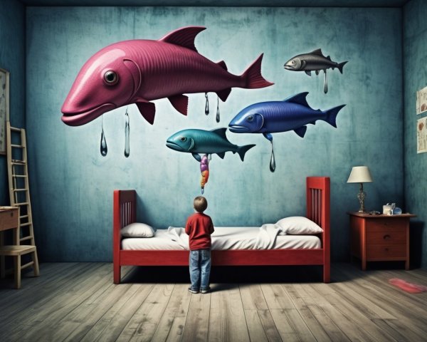 Cozy Blue Bedroom with Floating Colorful Fish Decor