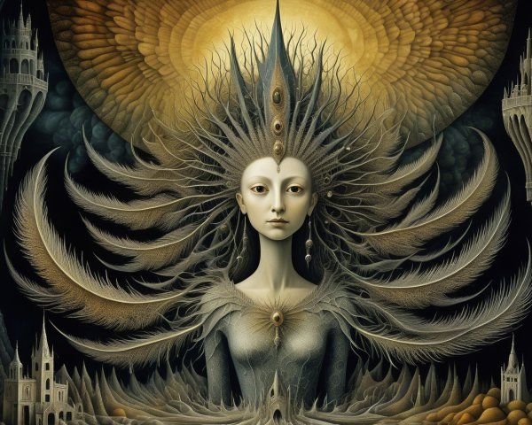 Mysterious Figure Amid Ethereal Patterns and Gothic Scene