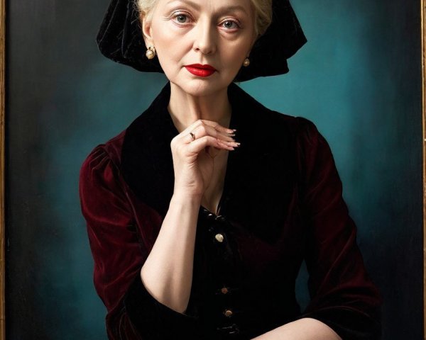 Elegant Woman in Burgundy Dress with Teal Background