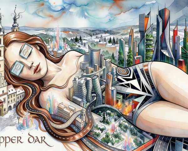 Watercolor Painting of Woman Intertwined with Cityscape