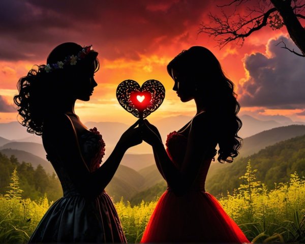 Elegant Figures Holding Heart at Vibrant Sunset