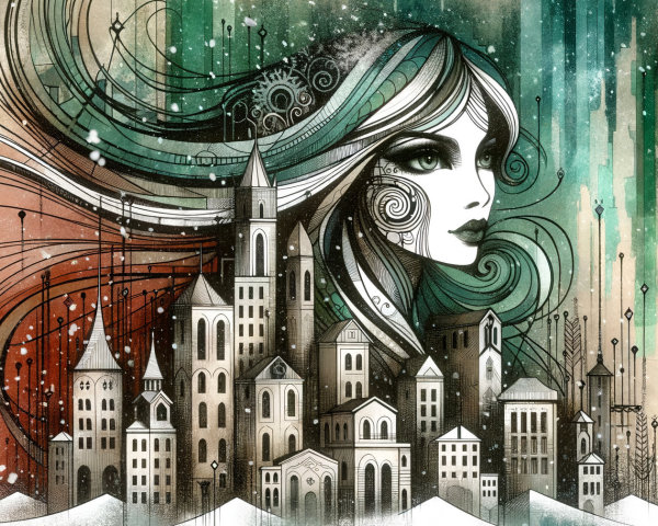 Whimsical Cityscape with Ethereal Woman Illustration