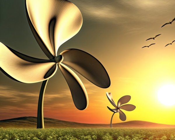 Surreal Landscape with Wind Turbines and Sunset Sky