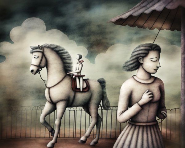 Surreal Scene of a Man on a Horse and a Woman