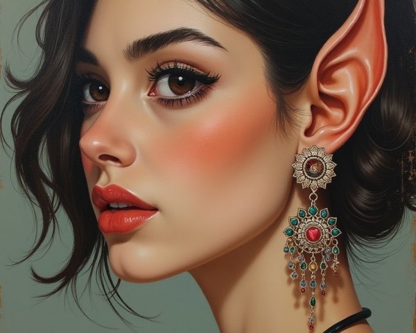 Young woman with elongated ears and elegant jewelry