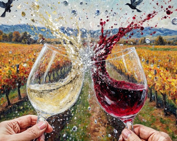 Wine Glasses Clinking in a Vibrant Vineyard Setting