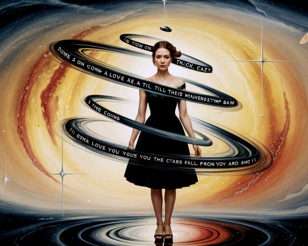 Woman in Black Dress Amid Cosmic Rings and Stars